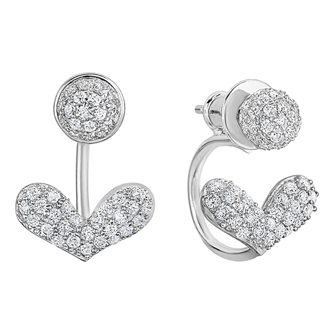 Sterling Silver Cubic Zirconia 2 in 1 Round Stud & Heart Drop Earrings