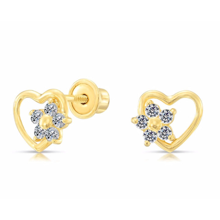 10k Yellow Gold Cubic Zirconia Heart & Flower Stud Earring