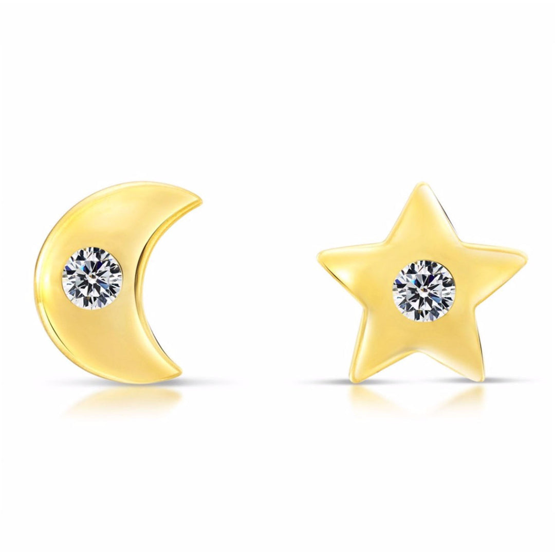 10k Yellow Gold Cubic Zirconia Star and Moon Stud Earrings