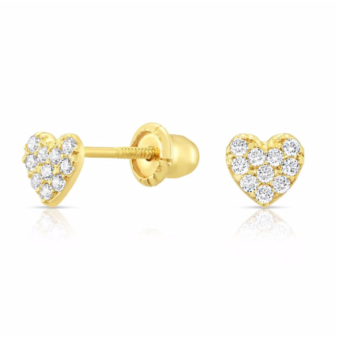 10k Yellow Gold Heart with Cubic Zirconia Stud Earrings Screwback