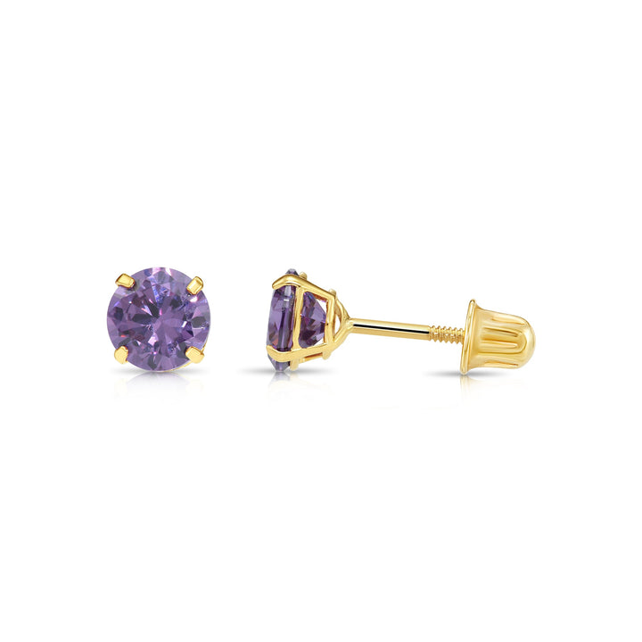 14k Solid Yellow Gold Round Birthstone Cubic Zirconia Stud Earrings - SCREWBACK - 5mm