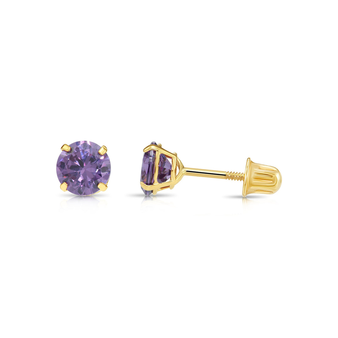 14k Solid Yellow Gold Round Birthstone Cubic Zirconia Stud Earrings - SCREWBACK - 4mm