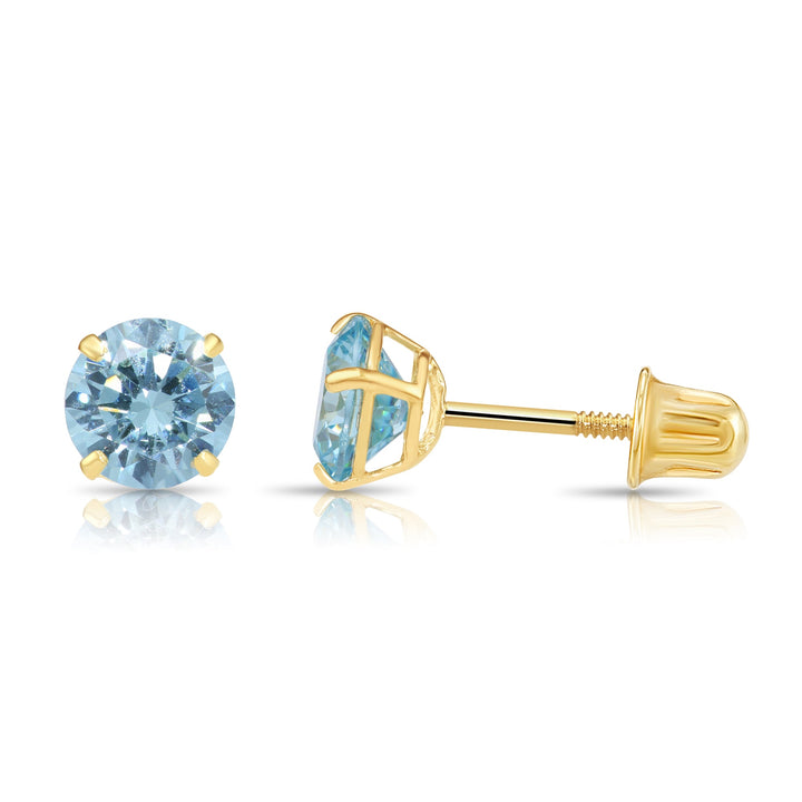 14k Solid Yellow Gold Round Birthstone Cubic Zirconia Stud Earrings - SCREWBACK - 4mm