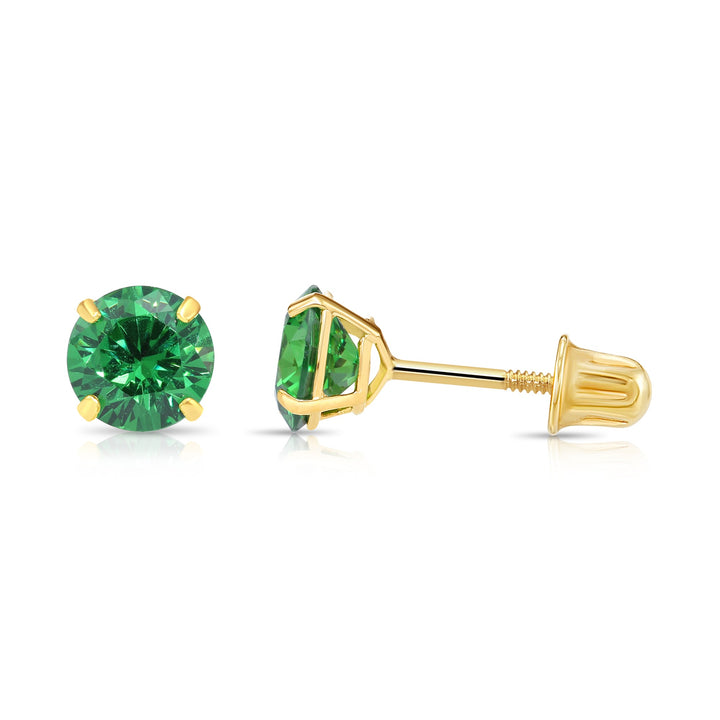 14k Solid Yellow Gold Round Birthstone Cubic Zirconia Stud Earrings - SCREWBACK - 5mm