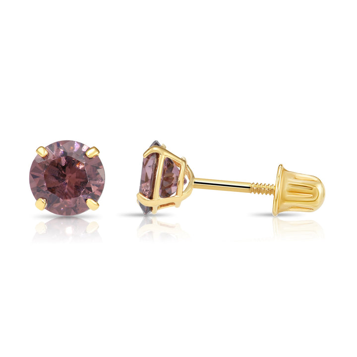 14k Solid Yellow Gold Round Birthstone Cubic Zirconia Stud Earrings - SCREWBACK - 4mm