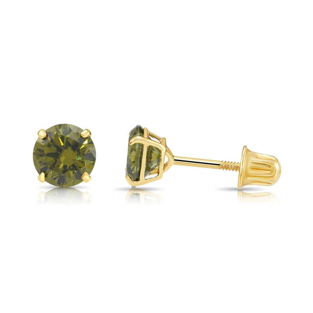 14k Solid Yellow Gold Round Birthstone Cubic Zirconia Stud Earrings - SCREWBACK - 5mm
