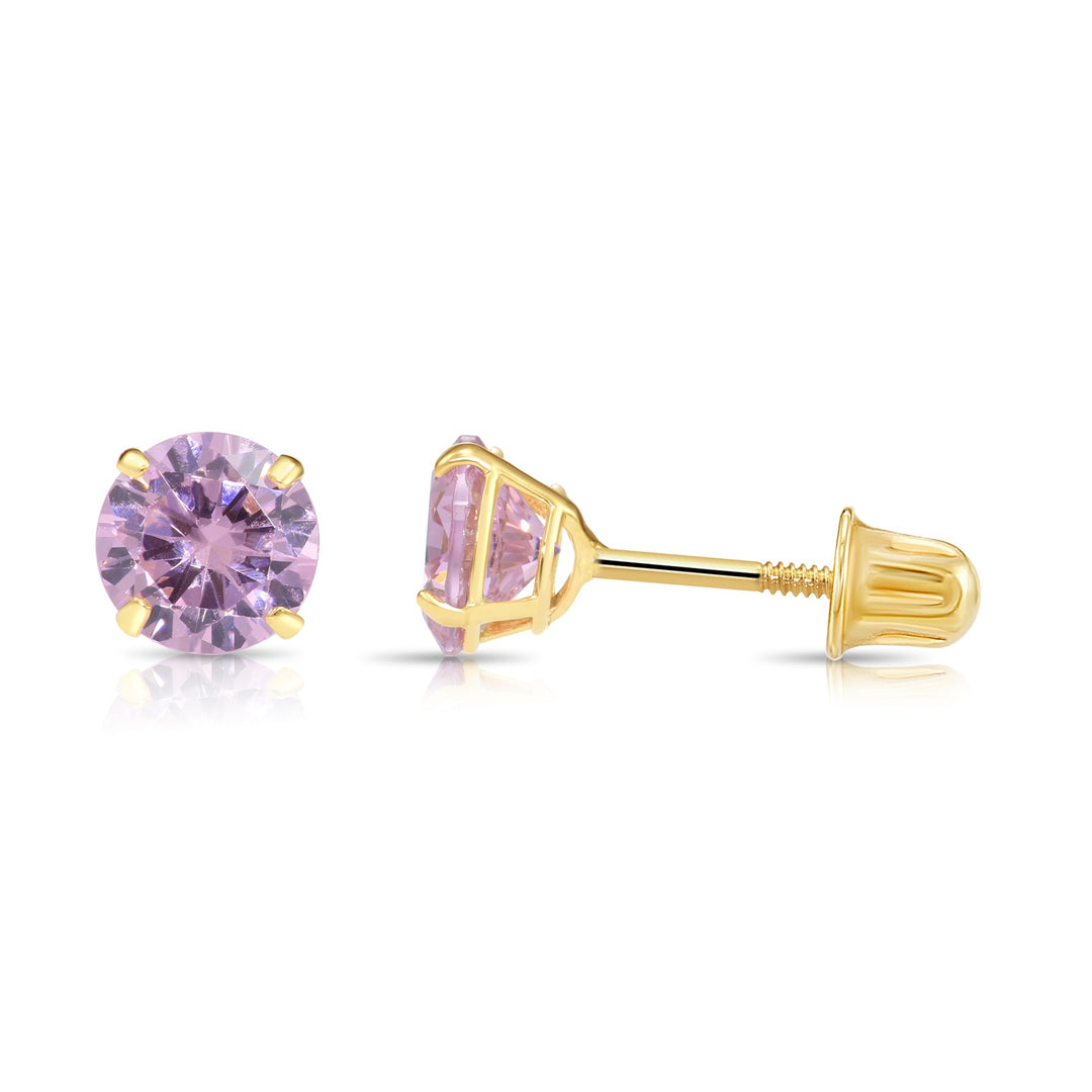 14k Solid Yellow Gold Round Birthstone Cubic Zirconia Stud Earrings - SCREWBACK - 5mm