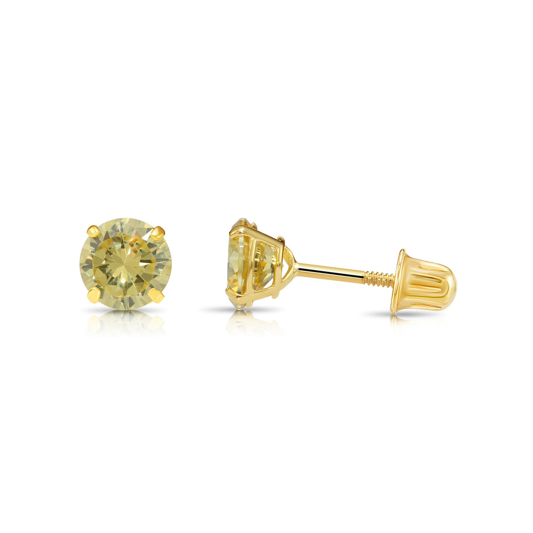 14k Solid Yellow Gold Round Birthstone Cubic Zirconia Stud Earrings - SCREWBACK - 4mm