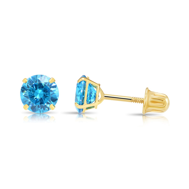 14k Solid Yellow Gold Round Birthstone Cubic Zirconia Stud Earrings - SCREWBACK - 5mm