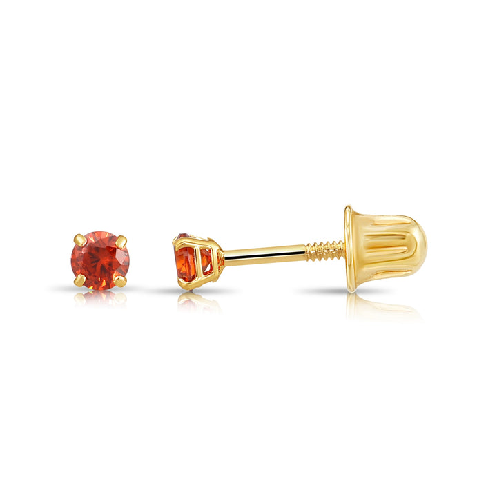 14k Solid Yellow Gold Round Birthstone Cubic Zirconia Stud Earrings - SCREWBACK - 3mm