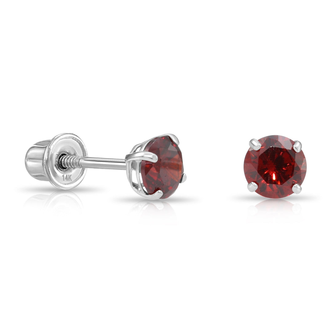 14k Solid White Gold Round Birthstone Cubic Zirconia Stud Earrings - SCREWBACK - 4MM