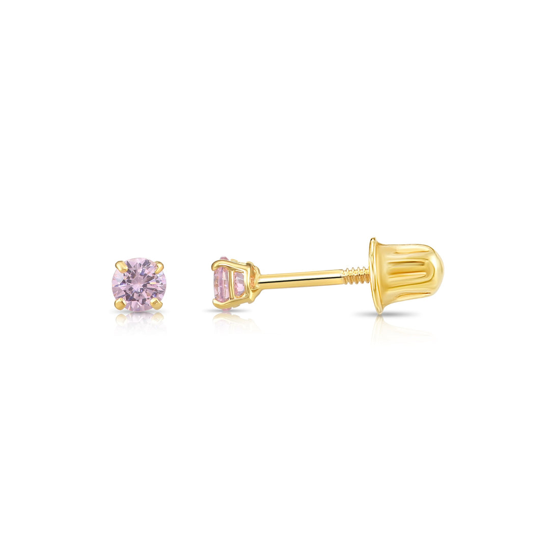14k Solid Yellow Gold Round Birthstone Cubic Zirconia Stud Earrings - SCREWBACK - 3mm