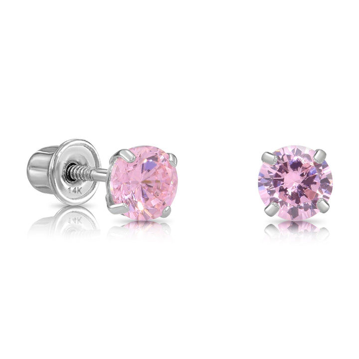 14k Solid White Gold Round Birthstone Cubic Zirconia Stud Earrings - SCREWBACK - 4MM