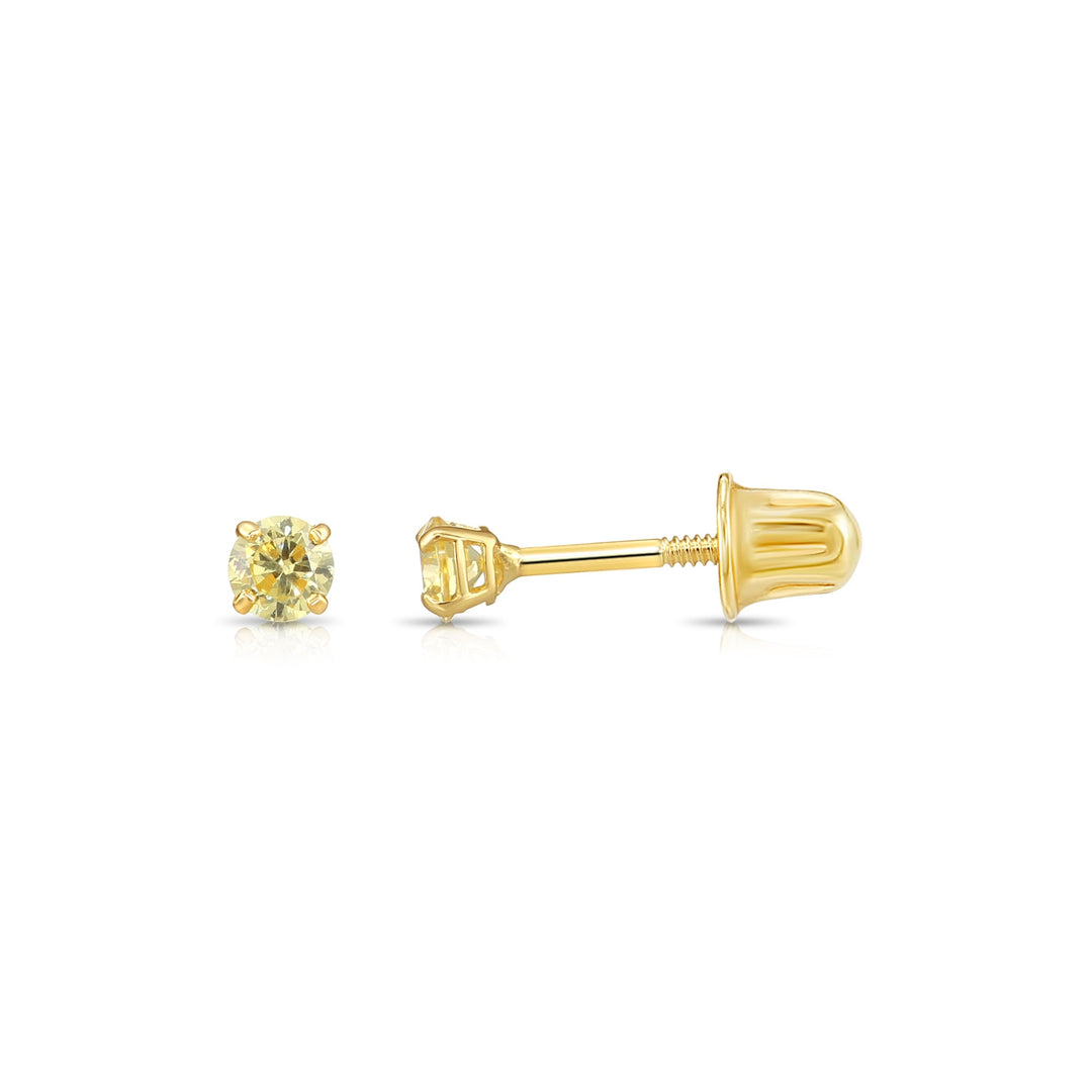 14k Solid Yellow Gold Round Birthstone Cubic Zirconia Stud Earrings - SCREWBACK - 3mm