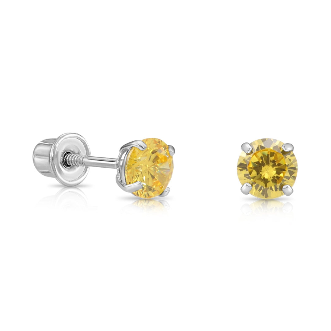 14k Solid White Gold Round Birthstone Cubic Zirconia Stud Earrings - SCREWBACK - 4MM