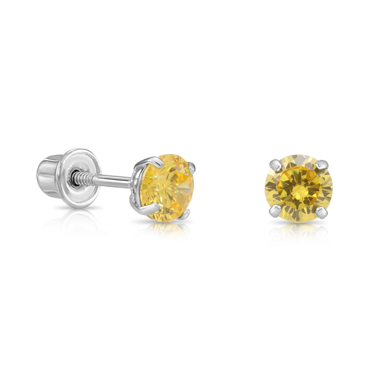 14k Solid White Gold Round Birthstone Cubic Zirconia Stud Earrings - SCREWBACK - 4MM