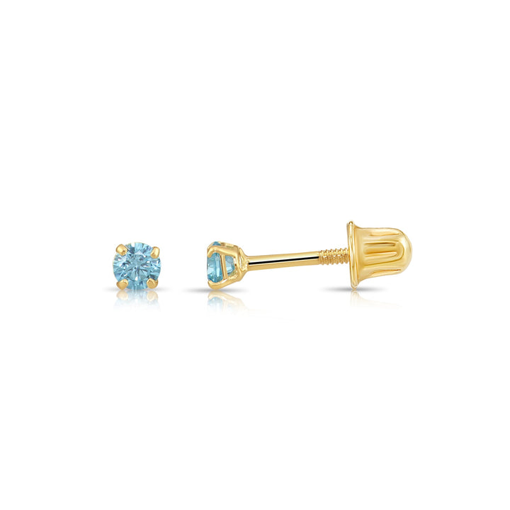 14k Solid Yellow Gold Round Birthstone Cubic Zirconia Stud Earrings - SCREWBACK - 3mm
