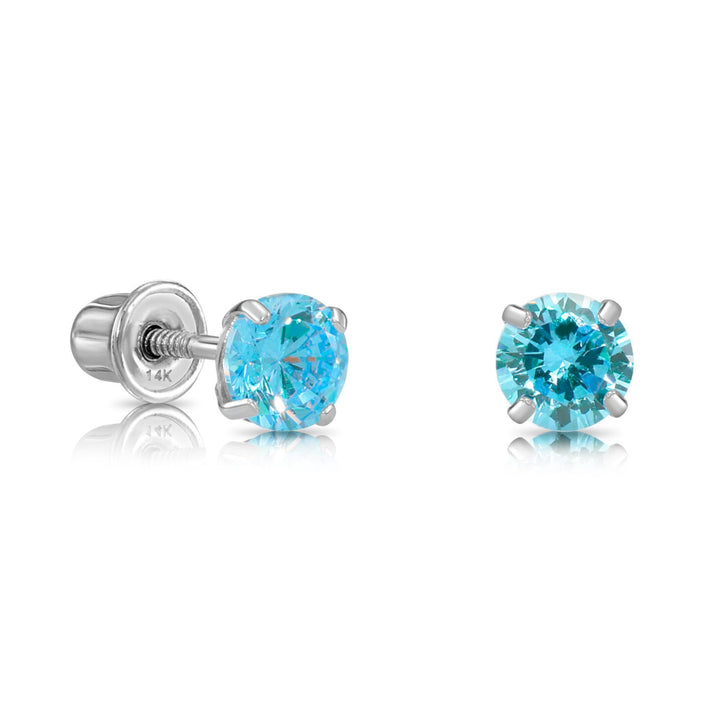 14k Solid White Gold Round Birthstone Cubic Zirconia Stud Earrings - SCREWBACK - 4MM