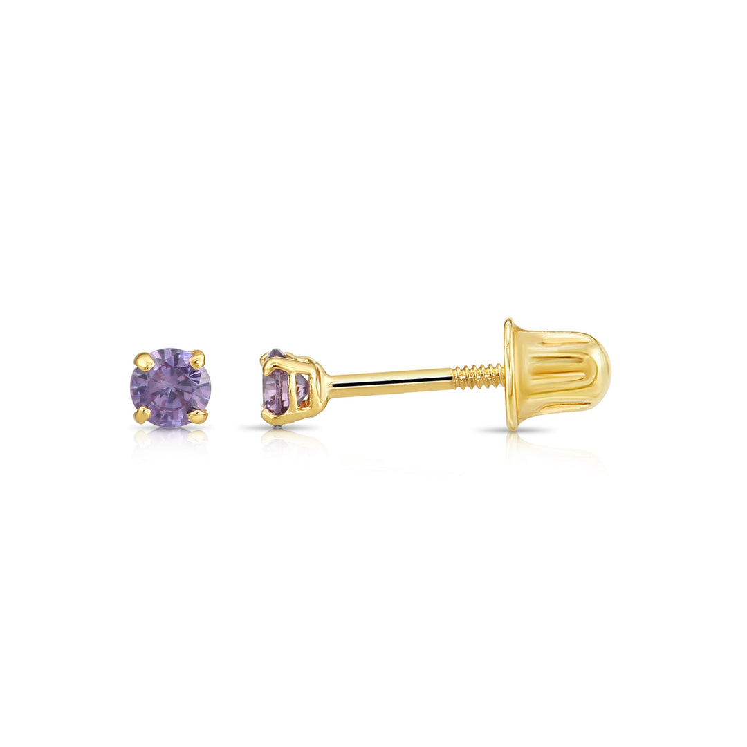 14k Solid Yellow Gold Round Birthstone Cubic Zirconia Stud Earrings - SCREWBACK - 3mm