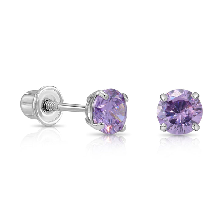 14k Solid White Gold Round Birthstone Cubic Zirconia Stud Earrings - SCREWBACK - 4MM