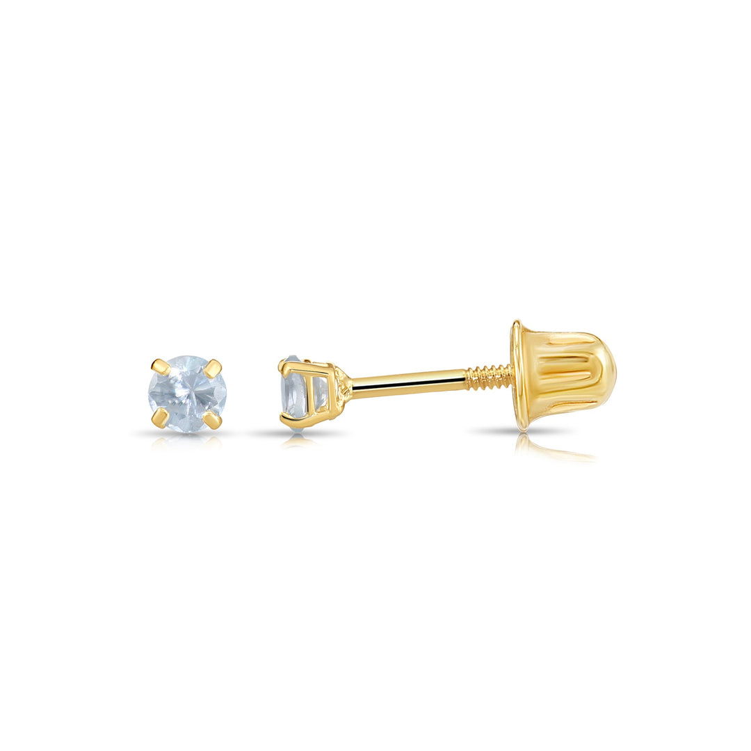 14k Solid Yellow Gold Round Birthstone Cubic Zirconia Stud Earrings - SCREWBACK - 3mm