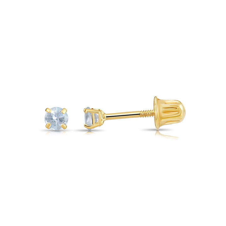 14k Solid Yellow Gold Round Birthstone Cubic Zirconia Stud Earrings - SCREWBACK - 3mm