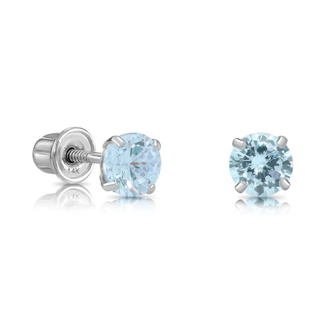 14k Solid White Gold Round Birthstone Cubic Zirconia Stud Earrings - SCREWBACK - 4MM
