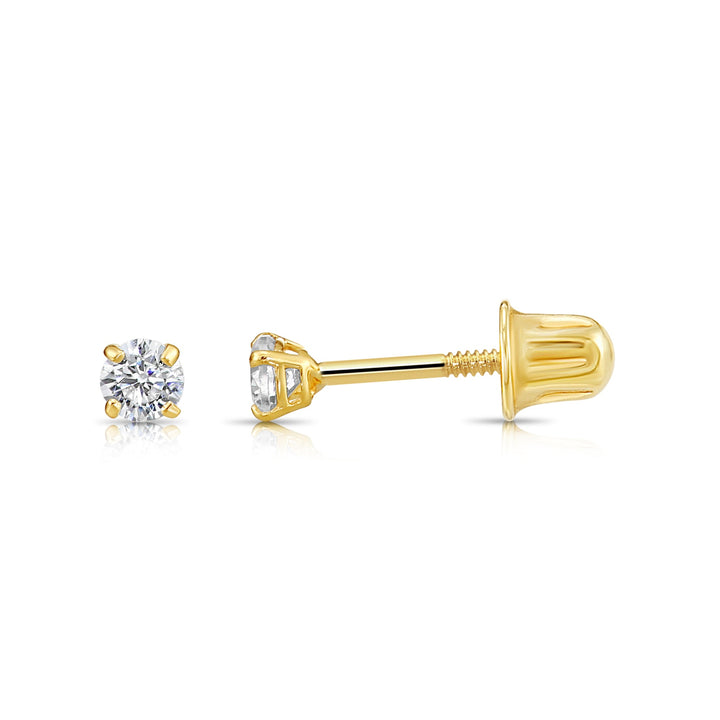 14k Solid Yellow Gold Round Birthstone Cubic Zirconia Stud Earrings - SCREWBACK - 3mm