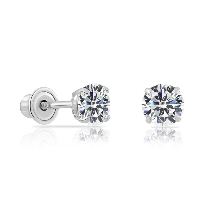 14k Solid White Gold Round Birthstone Cubic Zirconia Stud Earrings - SCREWBACK - 4MM