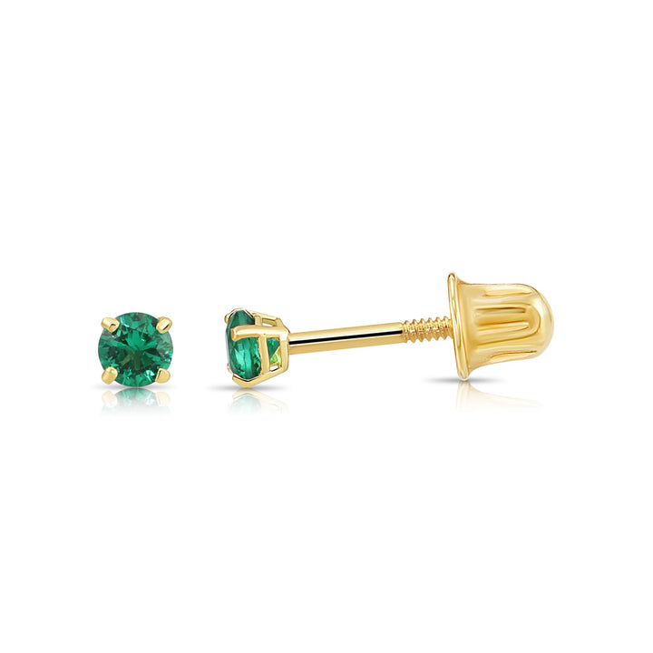 14k Solid Yellow Gold Round Birthstone Cubic Zirconia Stud Earrings - SCREWBACK - 3mm