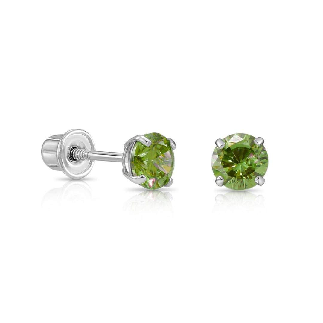 14k Solid White Gold Round Birthstone Cubic Zirconia Stud Earrings - SCREWBACK - 4MM