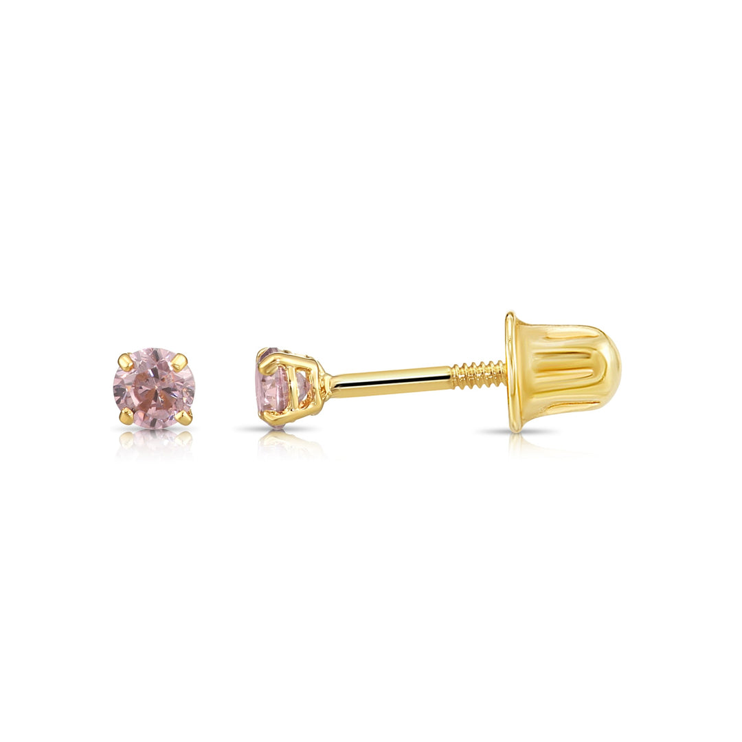 14k Solid Yellow Gold Round Birthstone Cubic Zirconia Stud Earrings - SCREWBACK - 3mm