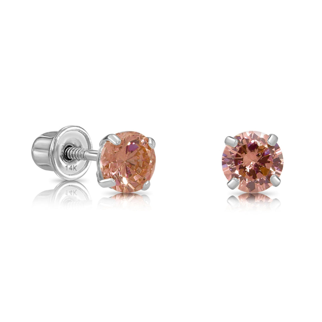 14k Solid White Gold Round Birthstone Cubic Zirconia Stud Earrings - SCREWBACK - 4MM