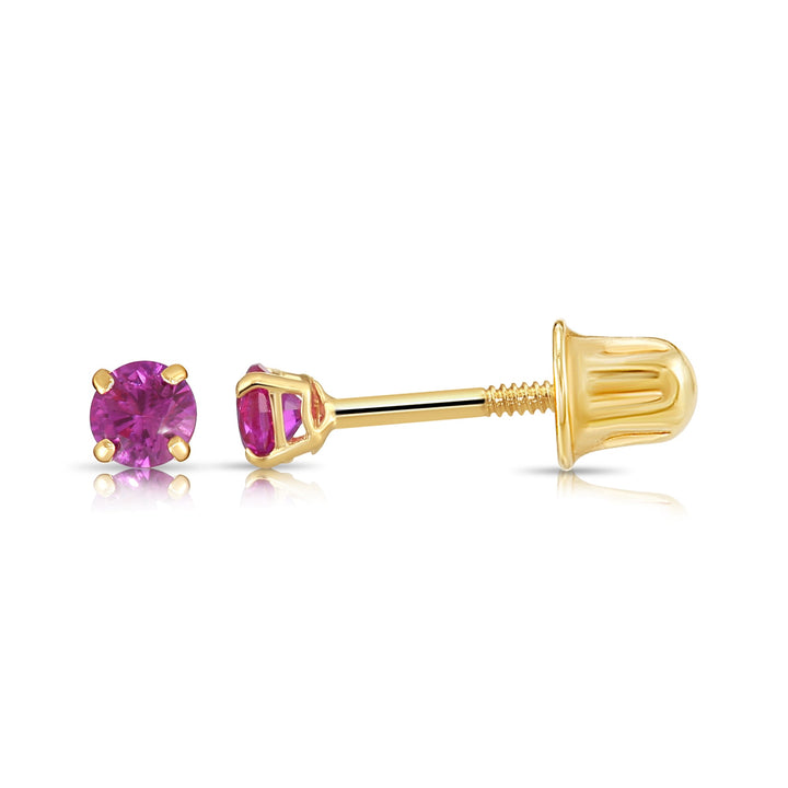 14k Solid Yellow Gold Round Birthstone Cubic Zirconia Stud Earrings - SCREWBACK - 3mm