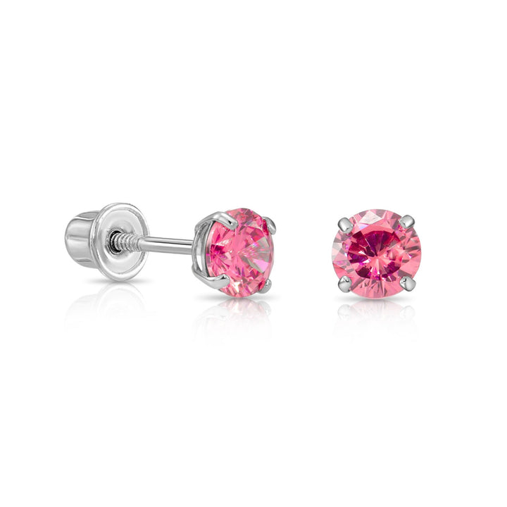 14k Solid White Gold Round Birthstone Cubic Zirconia Stud Earrings - SCREWBACK - 4MM