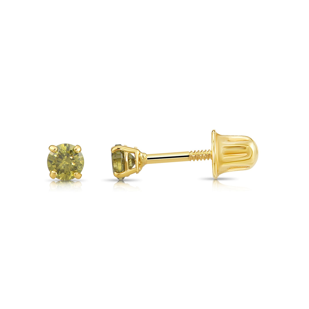 14k Solid Yellow Gold Round Birthstone Cubic Zirconia Stud Earrings - SCREWBACK - 3mm