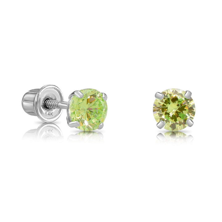 14k Solid White Gold Round Birthstone Cubic Zirconia Stud Earrings - SCREWBACK - 4MM