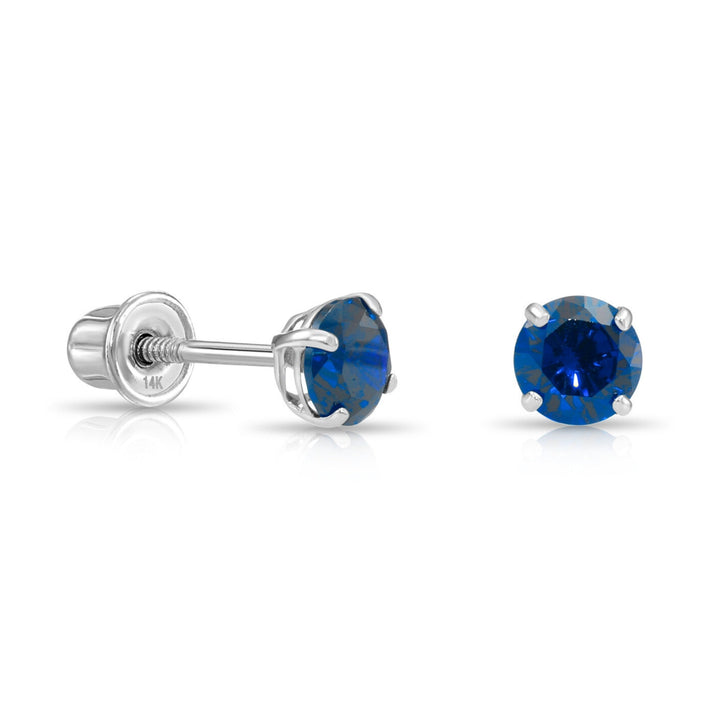 14k Solid White Gold Round Birthstone Cubic Zirconia Stud Earrings - SCREWBACK - 4MM
