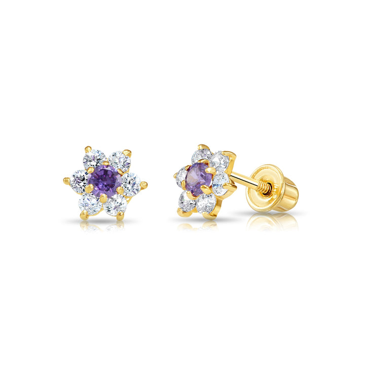 14k Yellow Gold Flower Birthstone Cubic Zirconia Stud Earrings Screw Back | 19-13 to 19-24