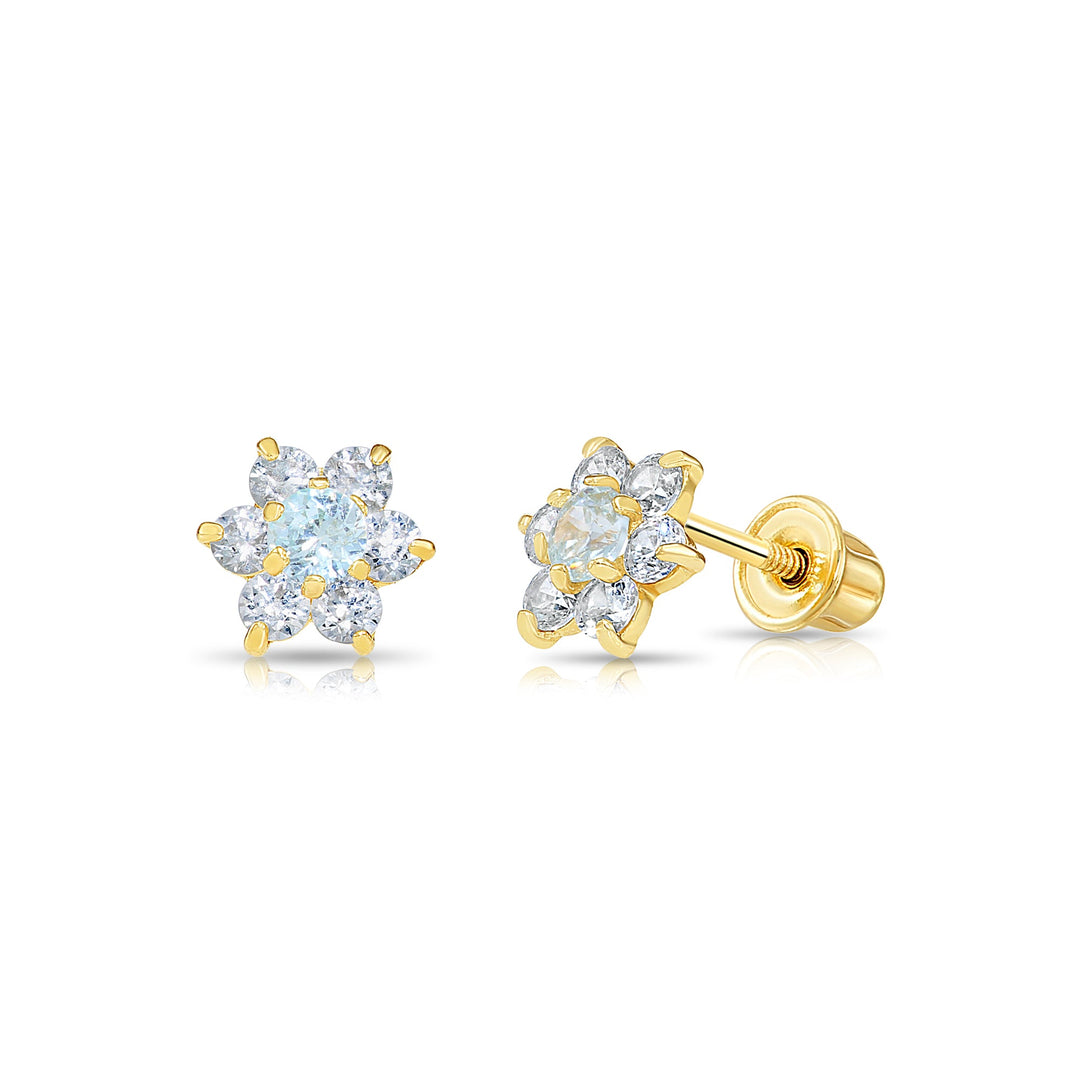 14k Yellow Gold Flower Birthstone Cubic Zirconia Stud Earrings Screw Back | 19-13 to 19-24