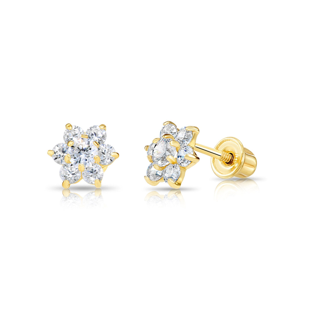 14k Yellow Gold Flower Birthstone Cubic Zirconia Stud Earrings Screw Back | 19-13 to 19-24