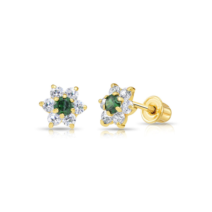 14k Yellow Gold Flower Birthstone Cubic Zirconia Stud Earrings Screw Back | 19-13 to 19-24