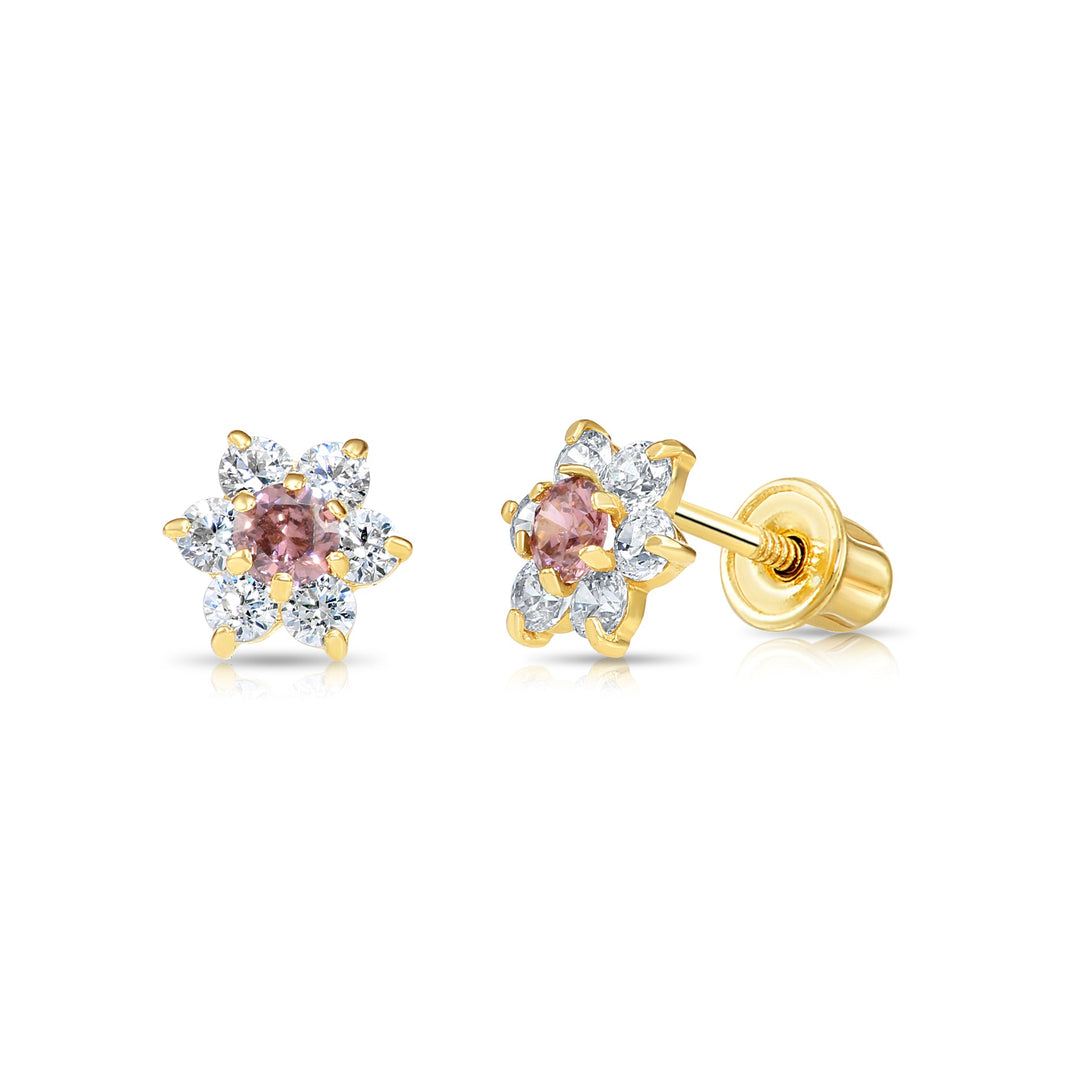 14k Yellow Gold Flower Birthstone Cubic Zirconia Stud Earrings Screw Back | 19-13 to 19-24