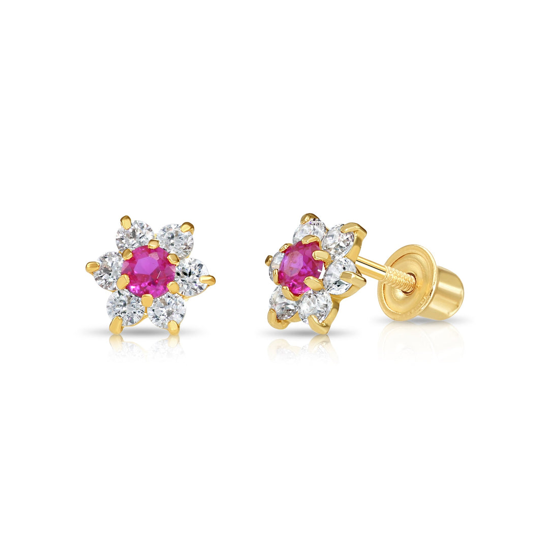 14k Yellow Gold Flower Birthstone Cubic Zirconia Stud Earrings Screw Back | 19-13 to 19-24
