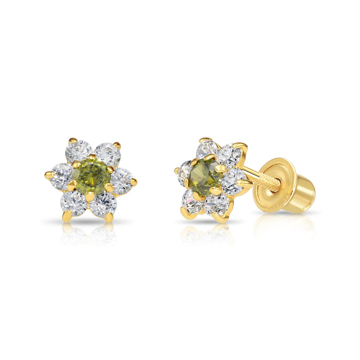 14k Yellow Gold Flower Birthstone Cubic Zirconia Stud Earrings Screw Back | 19-13 to 19-24