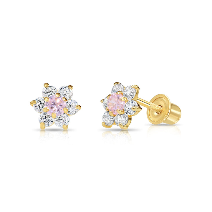 14k Yellow Gold Flower Birthstone Cubic Zirconia Stud Earrings Screw Back | 19-13 to 19-24