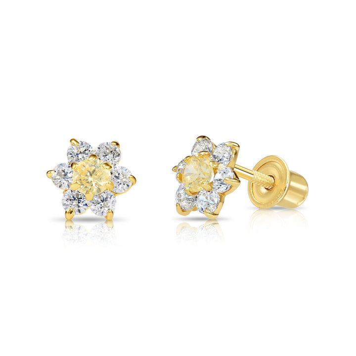 14k Yellow Gold Flower Birthstone Cubic Zirconia Stud Earrings Screw Back | 19-13 to 19-24