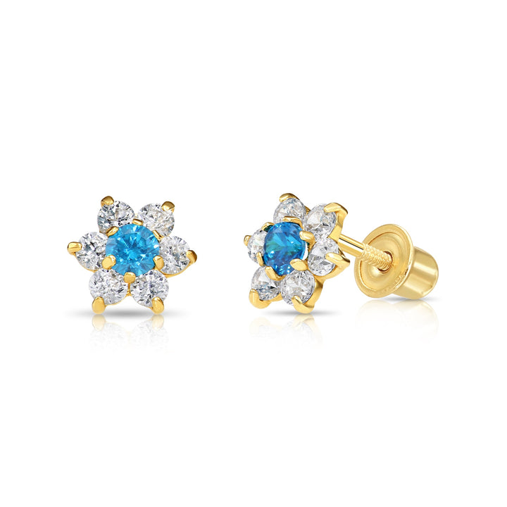 14k Yellow Gold Flower Birthstone Cubic Zirconia Stud Earrings Screw Back | 19-13 to 19-24