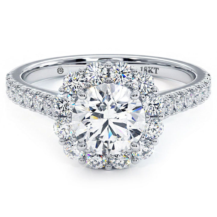 Round Halo, Floral Shape, Cathedral Diamond Shank, Diamonds On The Bridge, Engagement Ring Setting (0.90ctw) in 18k White Gold