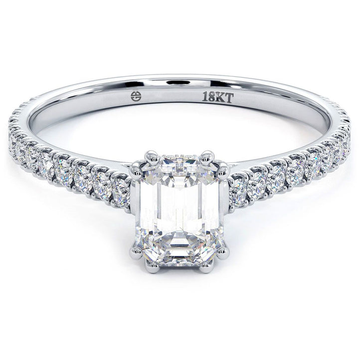 Emerald Cut Head, Double Prongs, Diamonds Under The Head, Petite Micropave Diamond Cathedral Shank, Engagement Ring Setting (0.35ctw) in 18k White Gold